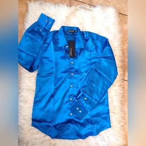 Lars Amadeus Silky Electric Blue Button-down Top - Size Small - NWT